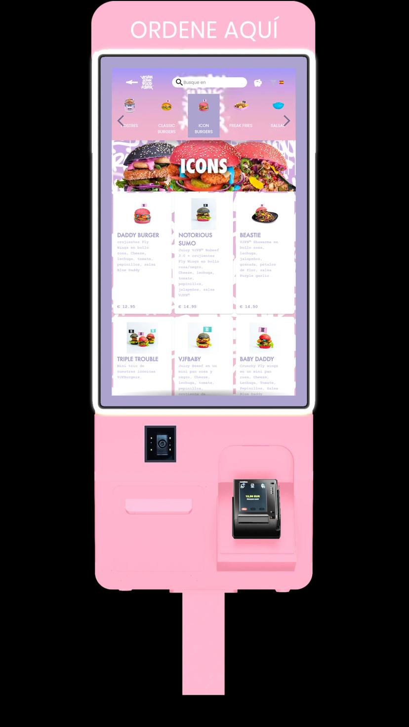 Jamezz kiosk in pink - Modern ordering kiosk for hospitality with QR scan and menu display