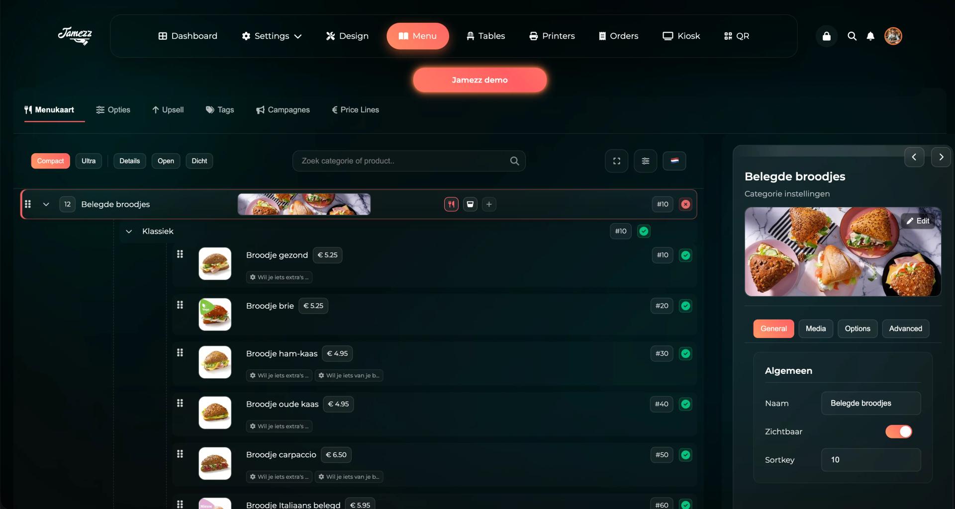 Jamezz tablet menu builder - Intuitive backoffice for easy management of tablet menu cards, prices and categories