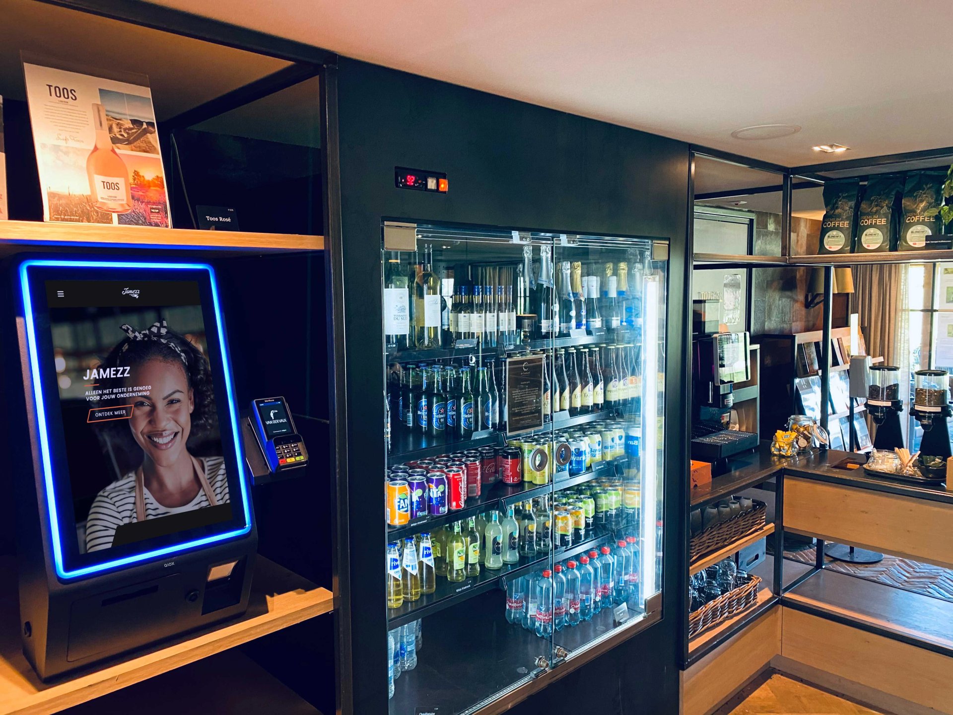Self-service kiosk in hotel lobby for 24/7 ordering