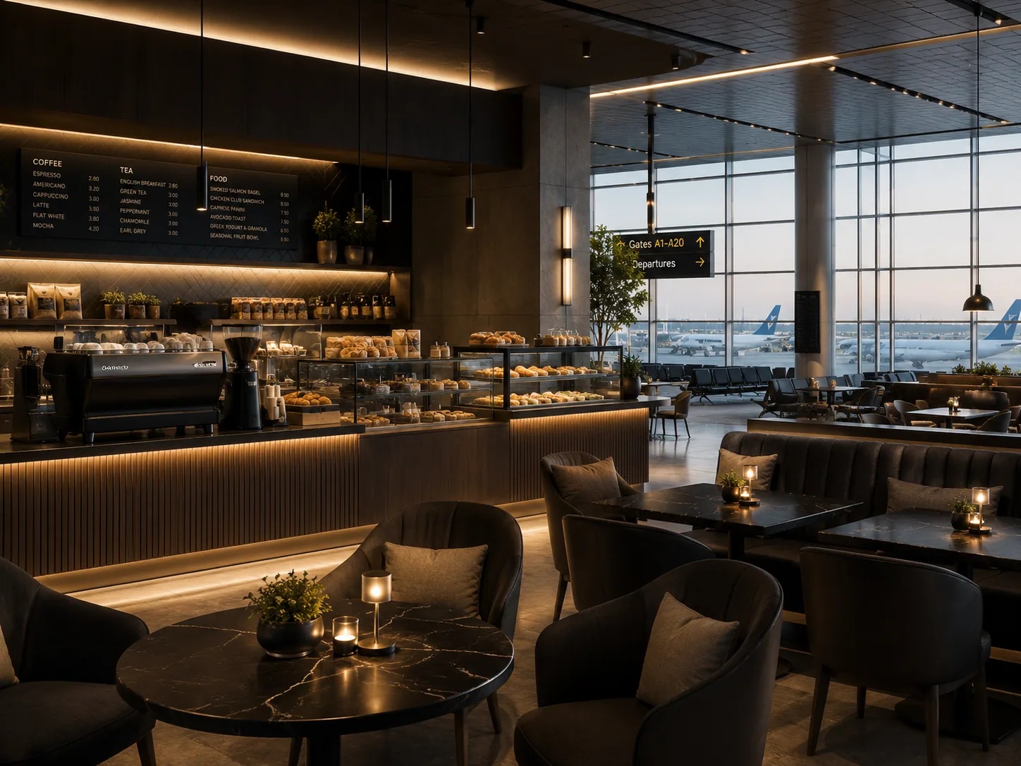 Modern airport terminal with digital ordering solutions including QR code at gate seating and self-service kiosk near restaurant