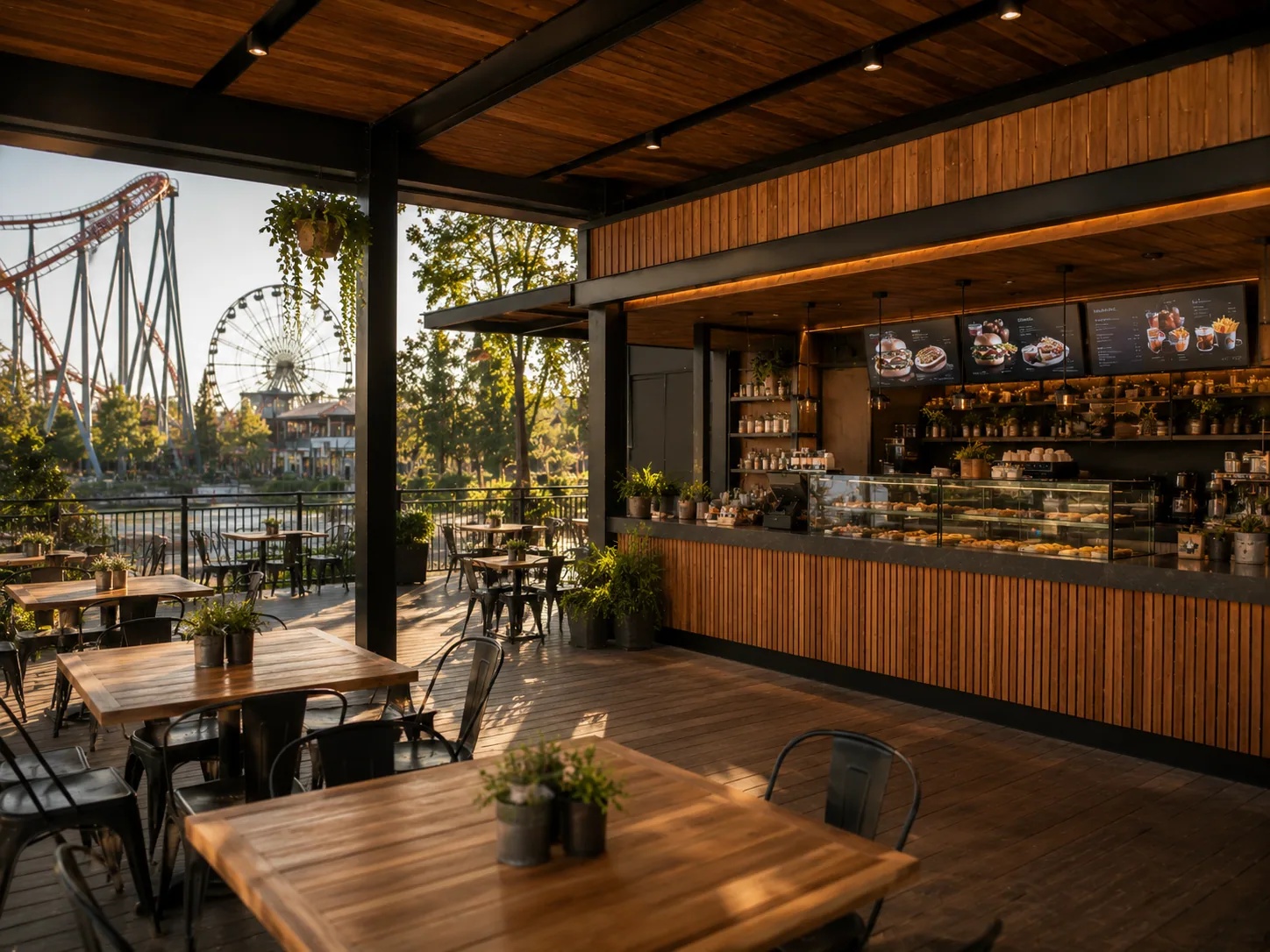 Amusement park food court with digital ordering solutions including QR codes at tables and self-service kiosks at food stalls