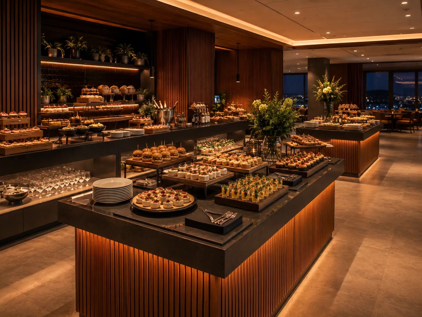 Corporate dining environment with employees ordering via QR code and self-service kiosk in a modern canteen