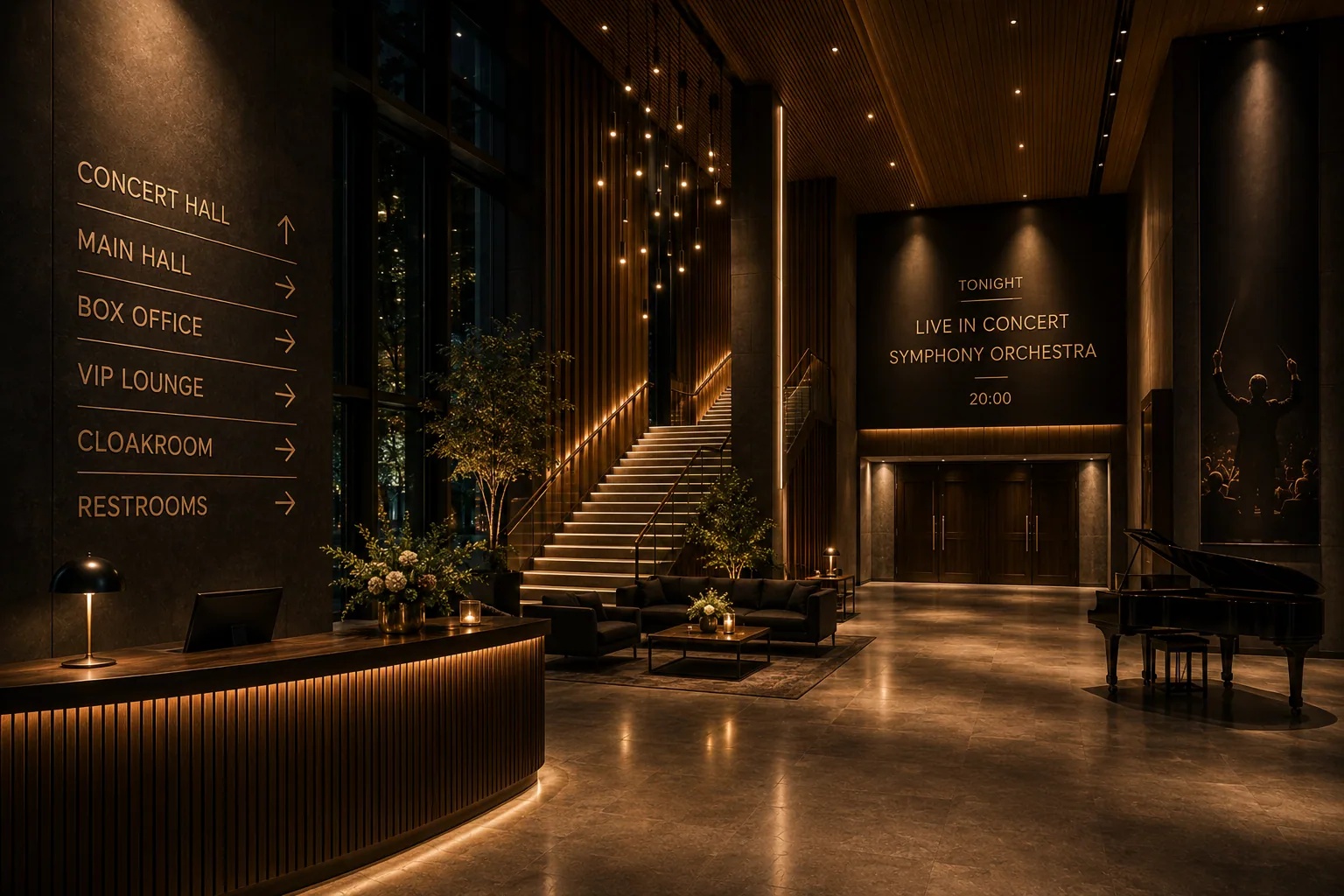 Concert hall foyer with digital ordering solutions including QR codes at seats and self-service kiosks in the lobby