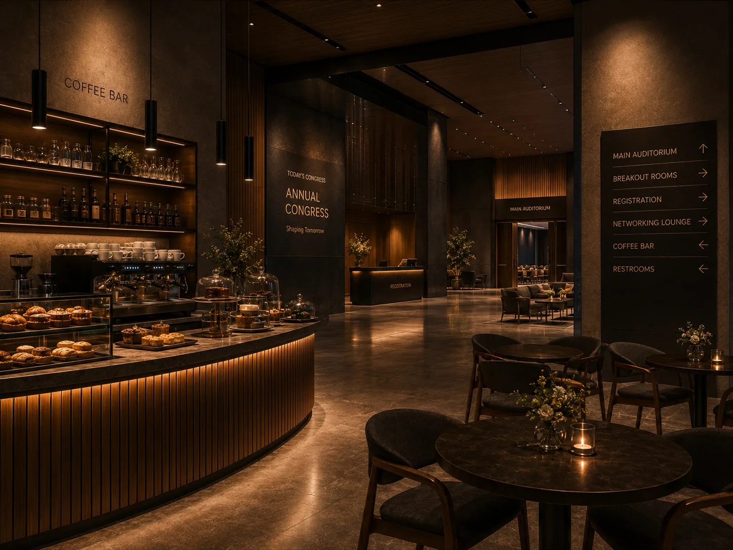 Modern congress center foyer with digital ordering solutions including QR codes per hall and self-service kiosks for break catering