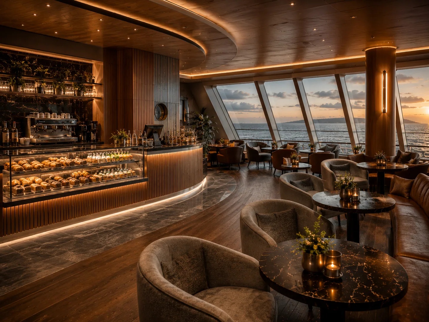 Luxury cruise ship deck with digital ordering solutions including QR code at poolside lounge and self-service kiosk near buffet