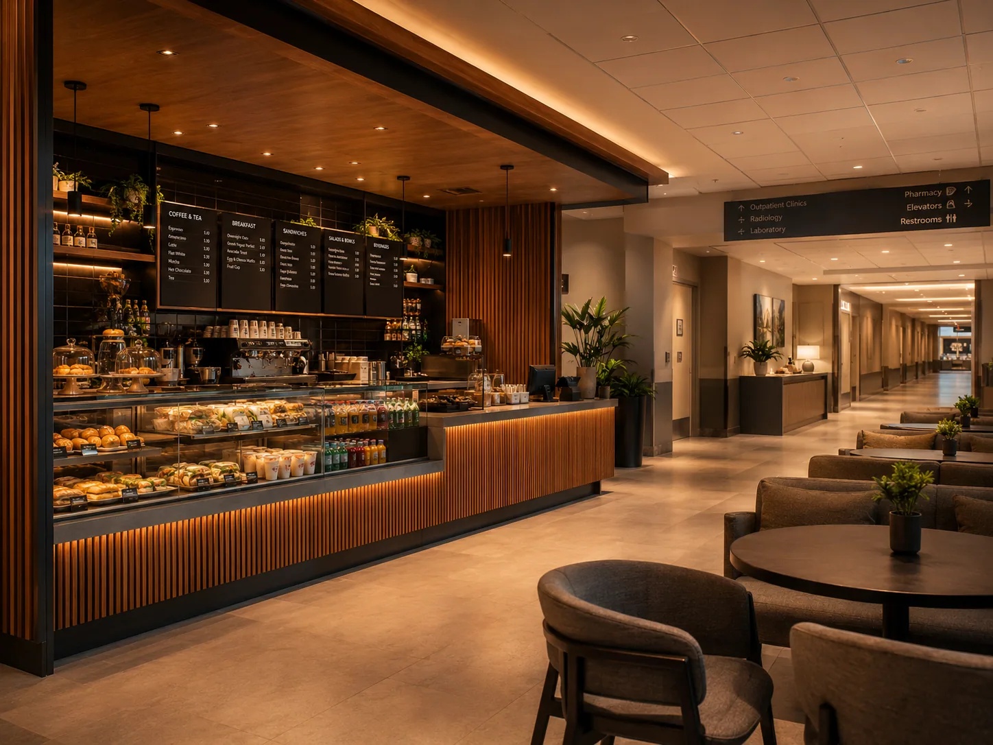 Hospital canteen with self-service kiosks and QR code ordering on patient bedside tables for contactless meal service