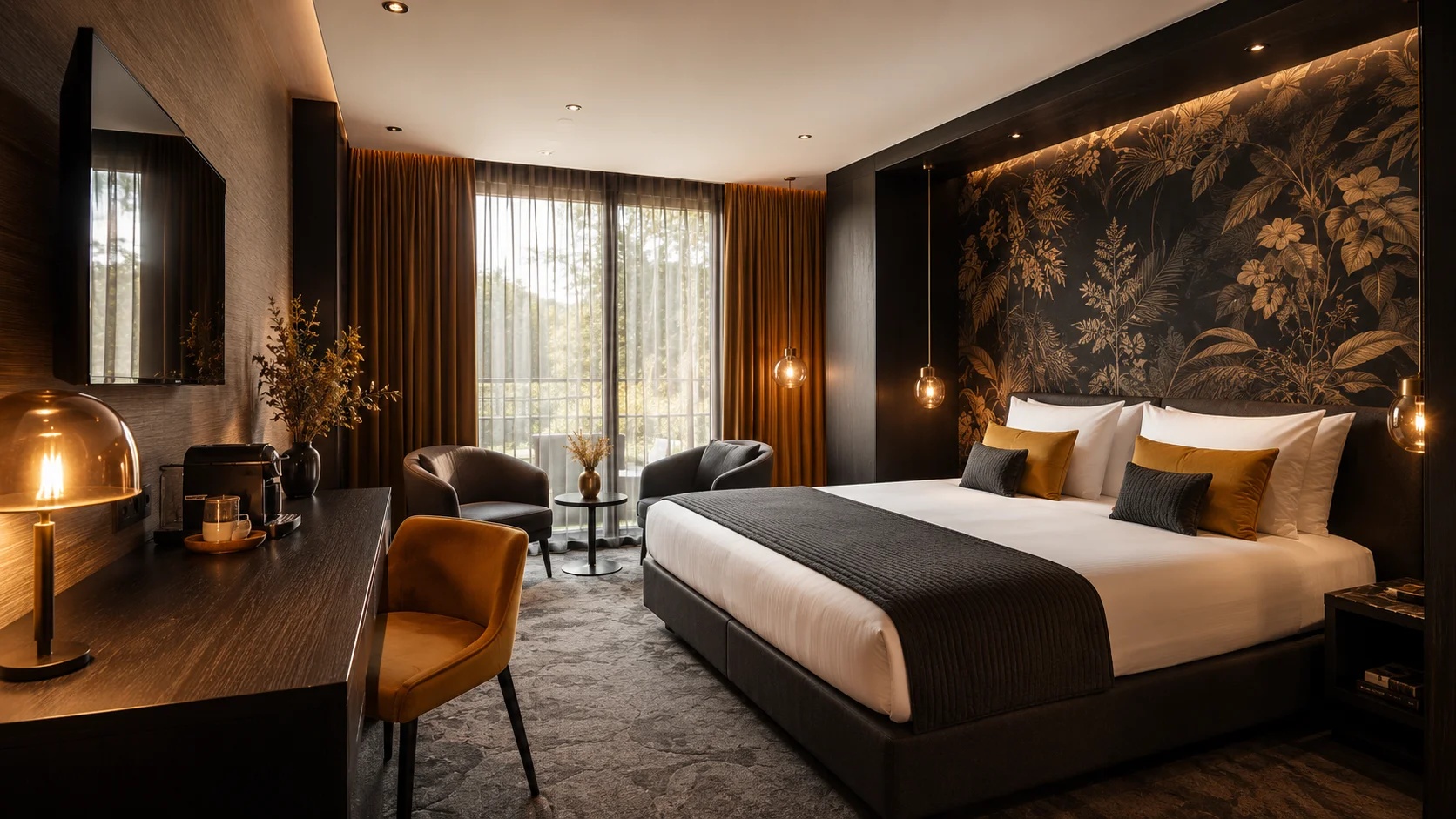 Moderne hotellobby met digitale besteloplossingen inclusief QR-roomservice, self-service kiosk en tabletbestelling