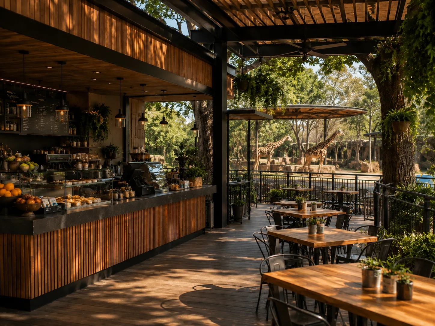 Dierentuin restaurantgebied met selfservice-kiosk bij paviljoensingang en bezoekers die QR-codes scannen om te bestellen vanuit parkbankjes