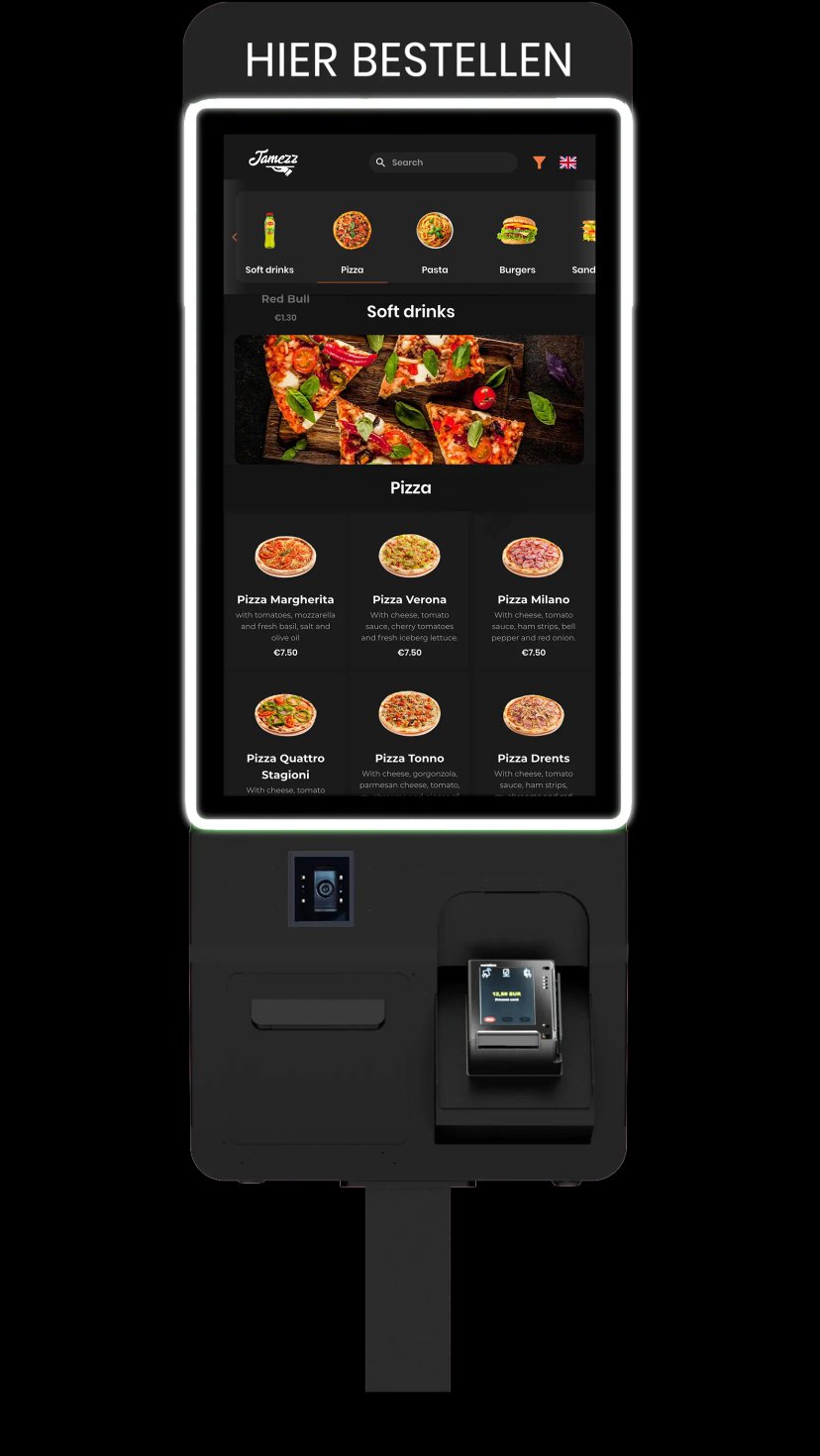 Jamezz kiosk in zwart - Premium self-ordering systeem voor restaurants en hotels