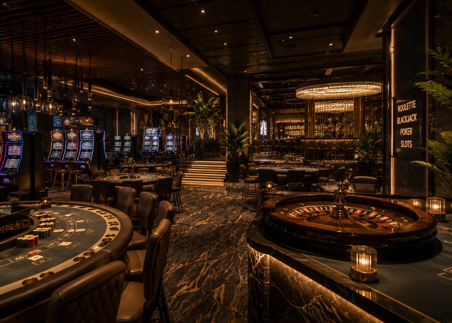Modern casino floor with QR code ordering at gaming tables and self-service kiosk near the bar area