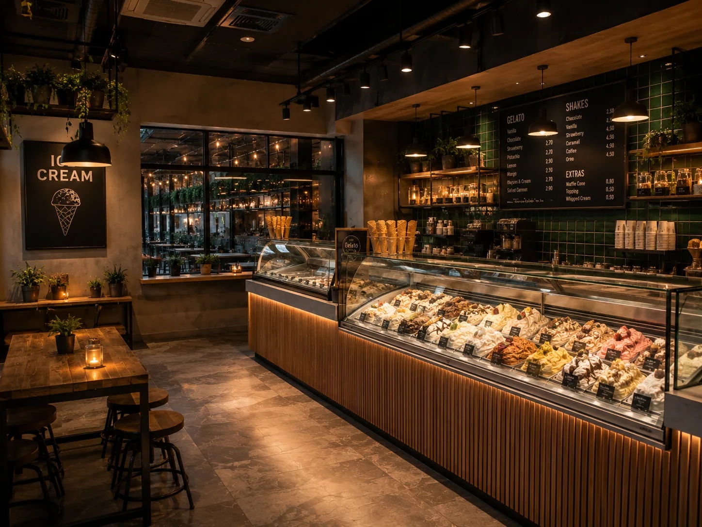 Modern ice cream parlor with self-service kiosks showing colorful ice cream options and QR codes on terrace tables