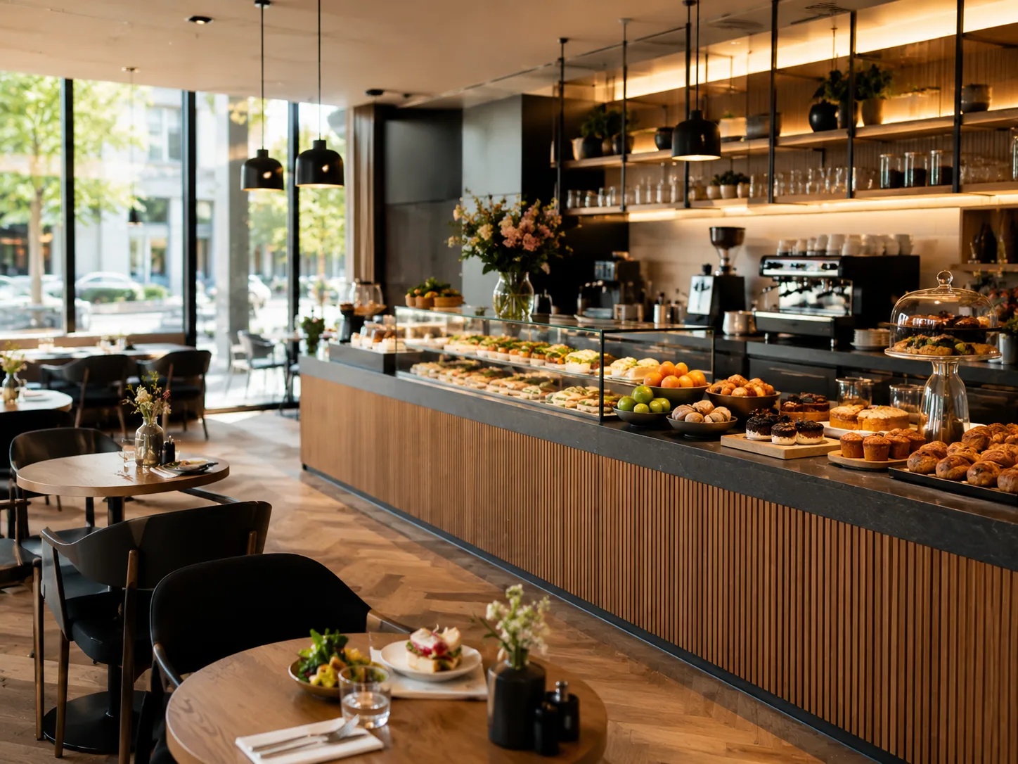 Modern lunchroom interior with digital ordering solutions including QR code on table and self-service kiosk at entrance