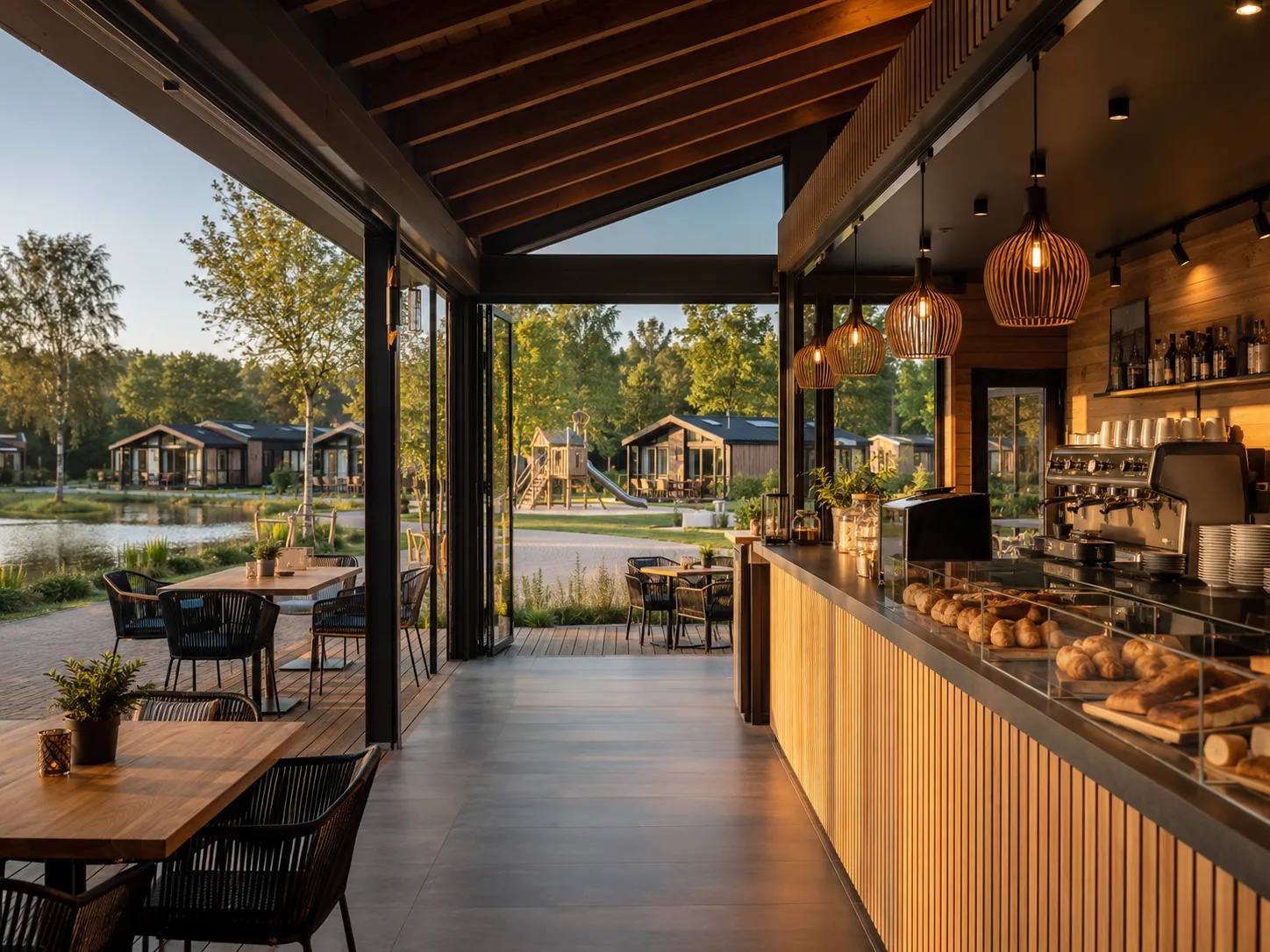 Holiday park restaurant and pool area with digital ordering solutions including QR codes at cottages and self-service kiosks at reception