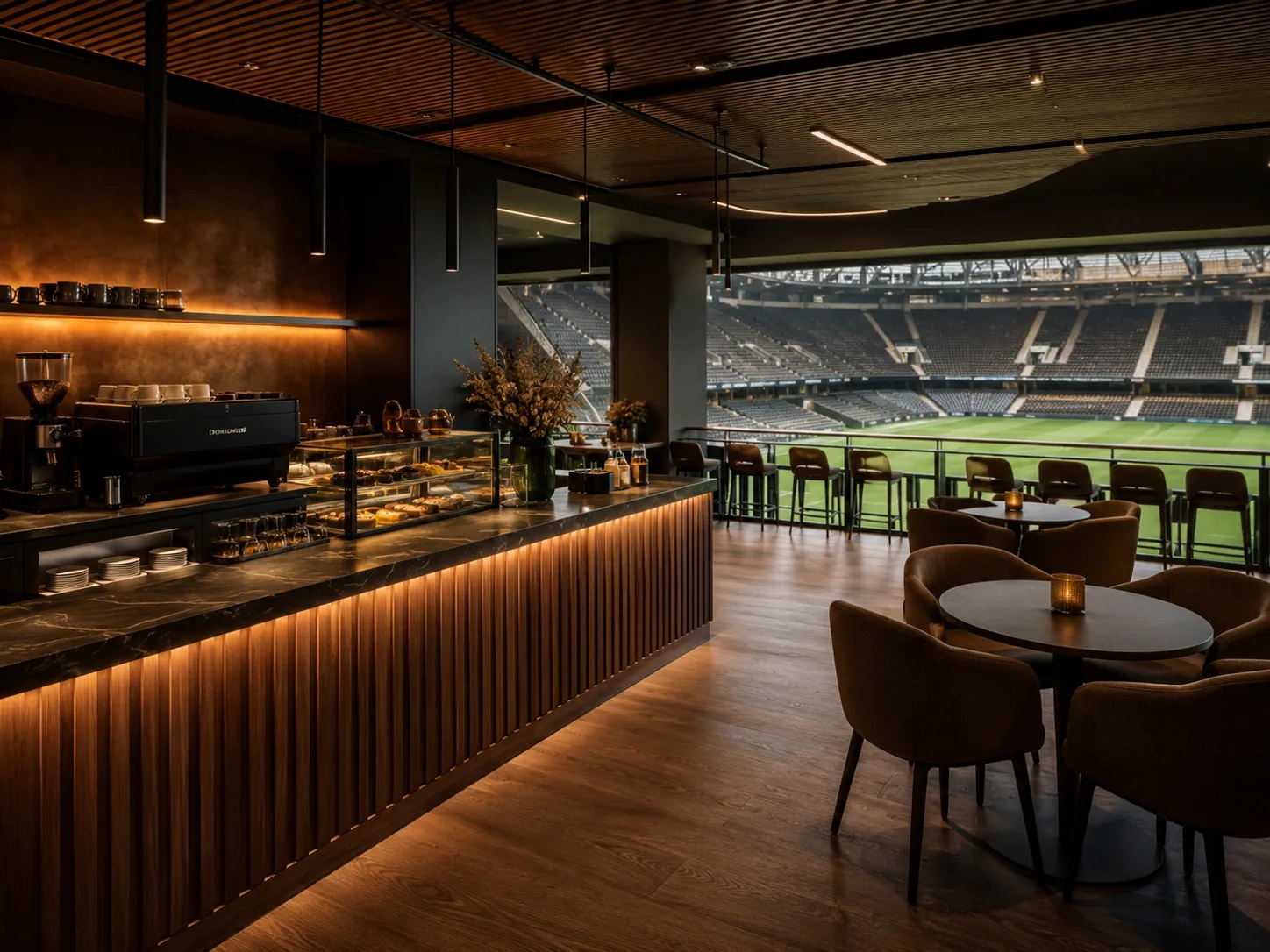Stadium concourse with self-ordering kiosks and fans scanning QR codes at their seats to order food and drinks